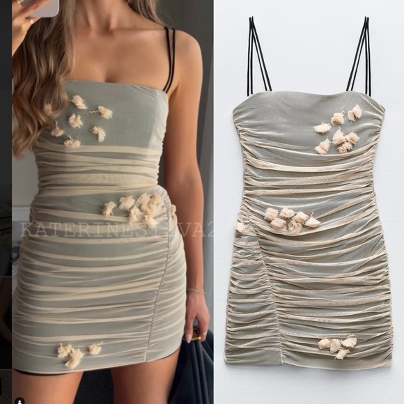Zara Dresses & Skirts - Zara NWT flower appliqué ruched mesh tulle spaghetti strap mini dress